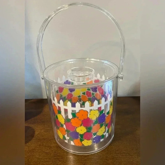 3 piece Acrylic clear ice bucket with painted flowers & picket fence. - Picture 1 of 8
